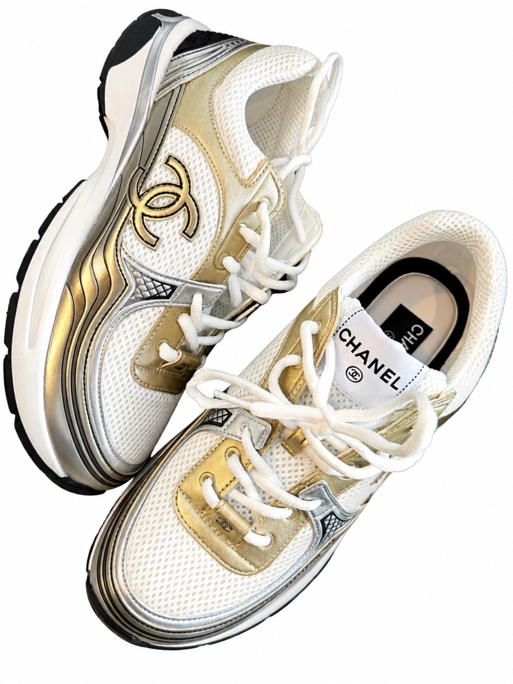 CHANEL White and Gold Mesh Leather Sneakers for Women